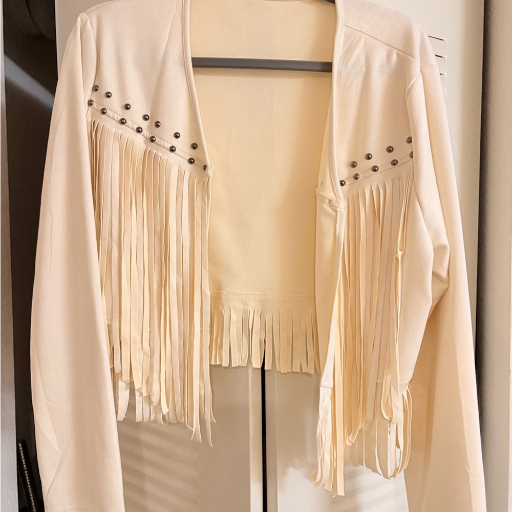 Cream Fringe Jacket with Stud Details